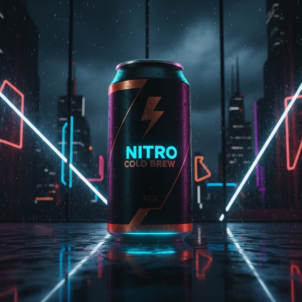 Cold brew can, neon night scene