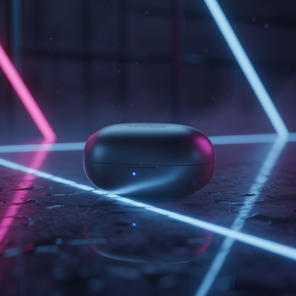 Earbuds case, moody neon lighting