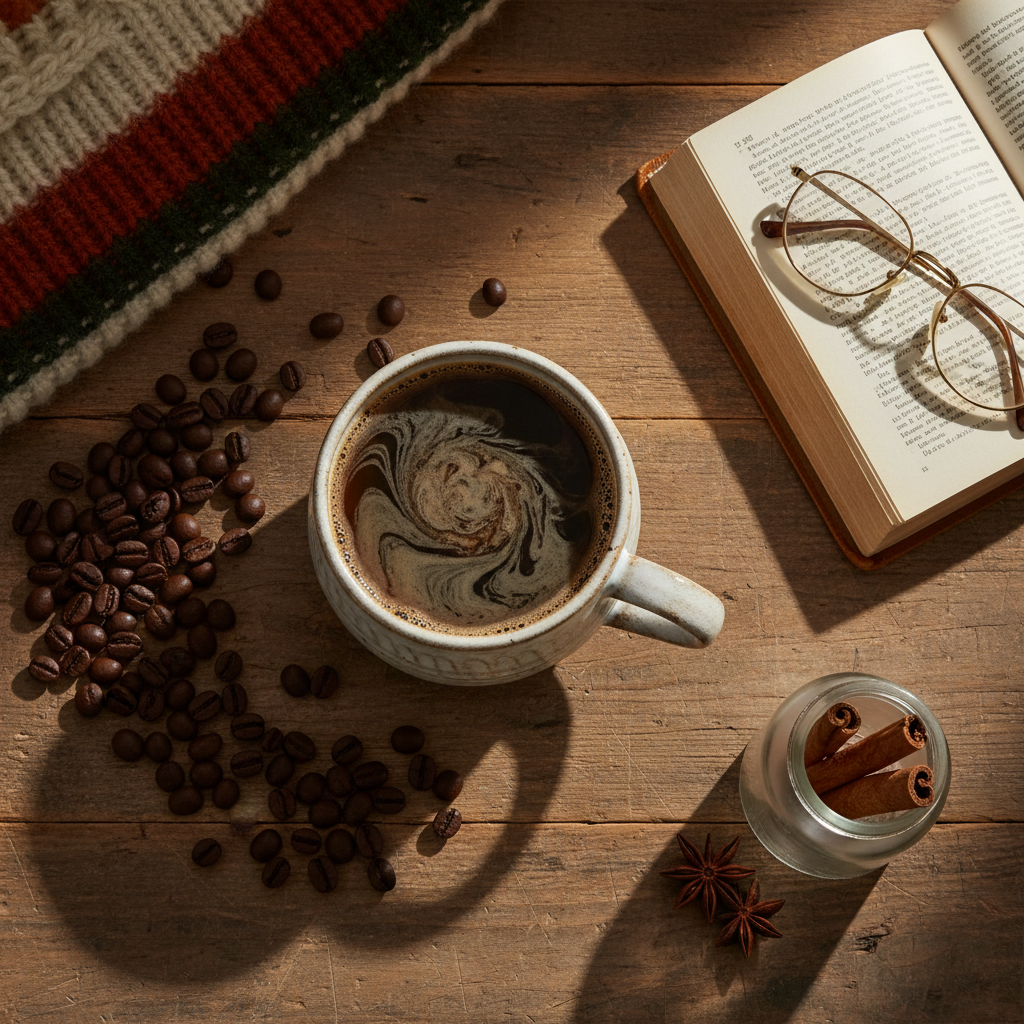 Mug flatlay on a wooden desk