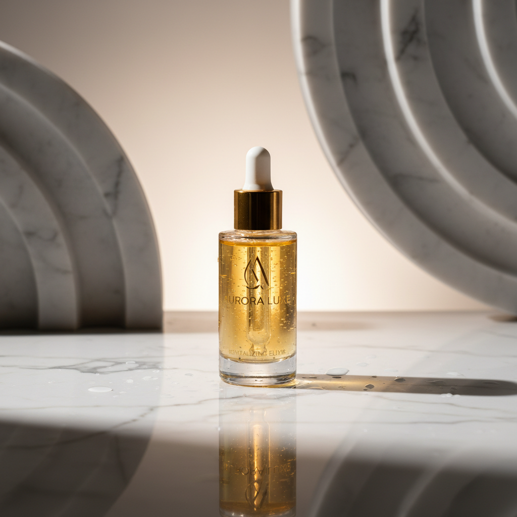 Serum bottle on marble luxe backdrop